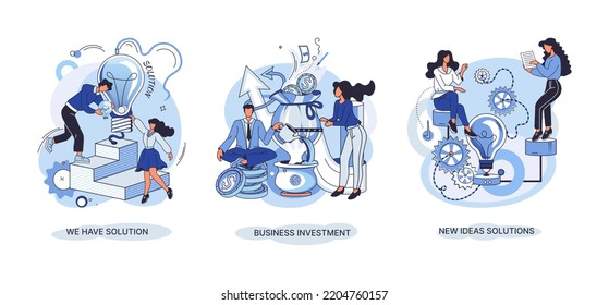 We have solution metaphor, business investment, new ideas solution scenes set. Teamwork and brainstorming. Team and new startup. Leadership and financial activities. Concept joint search for new ideas