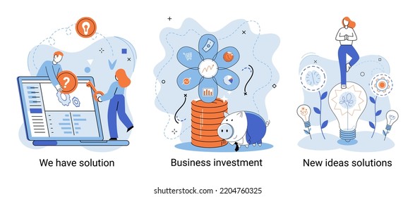 We have solution metaphor, business investment, new ideas solution scenes set. Teamwork and brainstorming. Team and new startup. Leadership and financial activities. Concept joint search for new ideas
