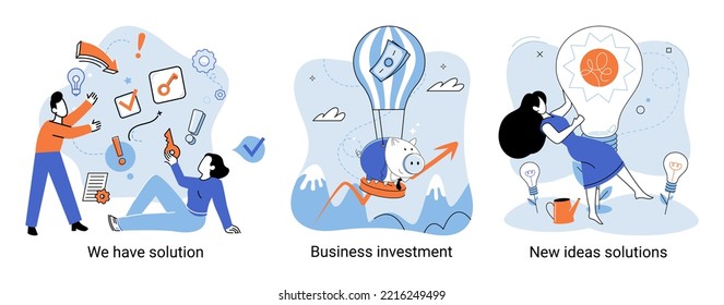 Tenemos metáfora de soluciones, inversión de negocios, nuevas ideas y escenarios de soluciones. Trabajo en equipo y lluvia de ideas. Equipo y nuevo inicio. Liderazgo y actividades financieras. Búsqueda conjunta de conceptos para nuevas ideas