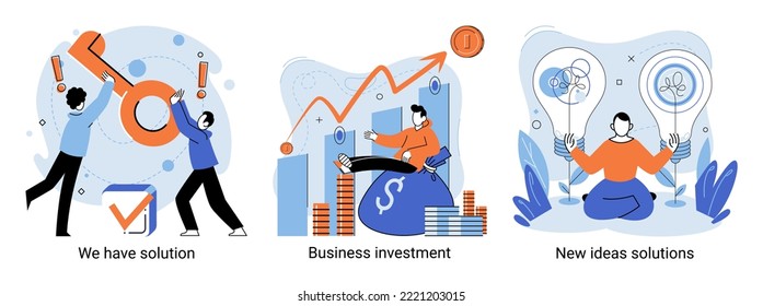 We have solution metaphor, business investment, new ideas solution scenes set. Teamwork and brainstorming. Team and new startup. Leadership and financial activities. Concept joint search for new ideas