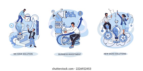 We have solution metaphor, business investment, new ideas solution scenes set. Teamwork and brainstorming. Team and new startup. Leadership and financial activities. Concept joint search for new ideas