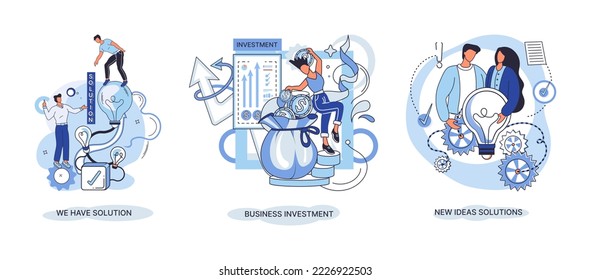 We have solution metaphor, business investment, new ideas solution scenes set. Teamwork and brainstorming. Team and new startup. Leadership and financial activities. Concept joint search for new ideas