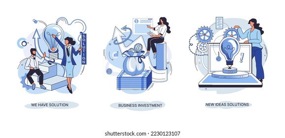 We have solution metaphor, business investment, new ideas solution scenes set. Teamwork and brainstorming. Team and new startup. Leadership and financial activities. Concept joint search for new ideas