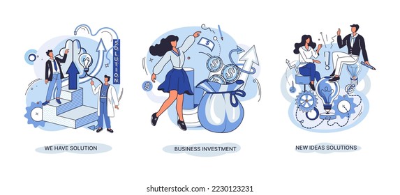 We have solution metaphor, business investment, new ideas solution scenes set. Teamwork and brainstorming. Team and new startup. Leadership and financial activities. Concept joint search for new ideas