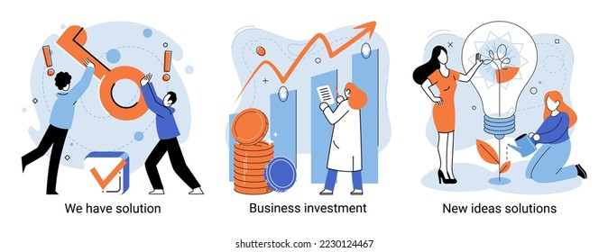 We have solution metaphor, business investment, new ideas solution scenes set. Teamwork and brainstorming. Team and new startup. Leadership and financial activities. Concept joint search for new ideas