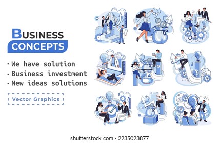 We have solution metaphor, business investment, new ideas solution scenes set. Teamwork and brainstorming. Team and new startup. Leadership and financial activities. Concept joint search for new ideas