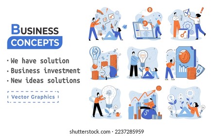 We have solution metaphor, business investment, new ideas solution scenes set. Teamwork and brainstorming. Team and new startup. Leadership and financial activities. Concept joint search for new ideas