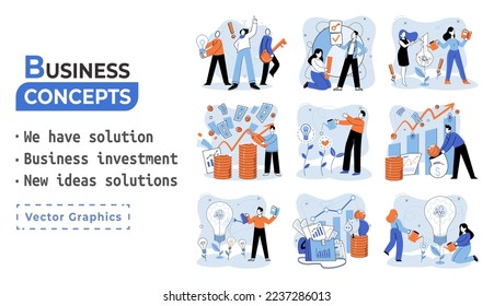 We have solution metaphor, business investment, new ideas solution scenes set. Teamwork and brainstorming. Team and new startup. Leadership and financial activities. Concept joint search for new ideas