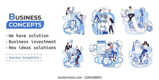 We have solution metaphor, business investment, new ideas solution scenes set. Teamwork and brainstorming. Team and new startup. Leadership and financial activities. Concept joint search for new ideas