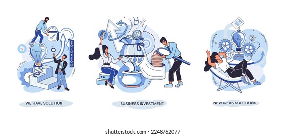 We have solution metaphor, business investment, new ideas solution scenes set. Teamwork and brainstorming. Team and new startup. Leadership and financial activities. Concept joint search for new ideas
