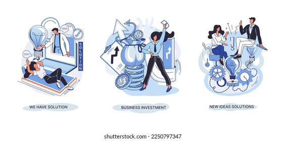 We have solution metaphor, business investment, new ideas solution scenes set. Teamwork and brainstorming. Team and new startup. Leadership and financial activities. Concept joint search for new ideas