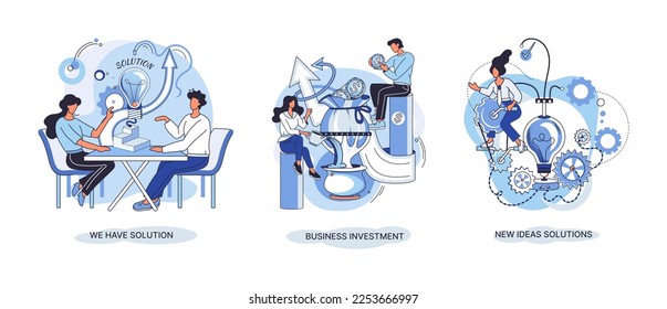 We have solution metaphor, business investment, new ideas solution scenes set. Teamwork and brainstorming. Team and new startup. Leadership and financial activities. Concept joint search for new ideas