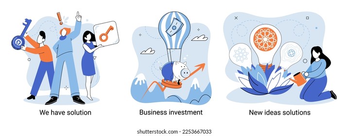 We have solution metaphor, business investment, new ideas solution scenes set. Teamwork and brainstorming. Team and new startup. Leadership and financial activities. Concept joint search for new ideas