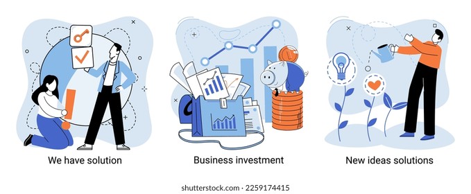 Tenemos metáfora de soluciones, inversión de negocios, nuevas ideas y escenarios de soluciones. Trabajo en equipo y lluvia de ideas. Equipo y nuevo inicio. Liderazgo y actividades financieras. Búsqueda conjunta de conceptos para nuevas ideas