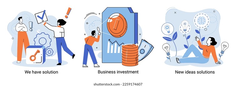 We have solution metaphor, business investment, new ideas solution scenes set. Teamwork and brainstorming. Team and new startup. Leadership and financial activities. Concept joint search for new ideas