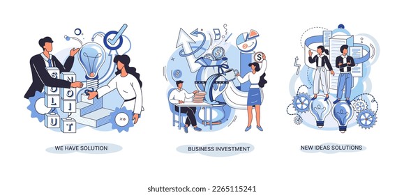 We have solution metaphor, business investment, new ideas solution scenes set. Teamwork and brainstorming. Team and new startup. Leadership and financial activities. Concept joint search for new ideas