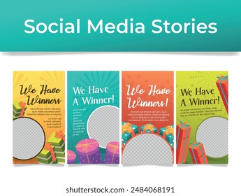 We have winner award achievement social media stories design template set vector isometric illustration. Game gambling casino lottery lucky fortune prize reward announce with copy space and gift box