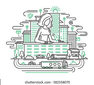 We Are Here - Illustration of vector modern simple line flat design location composition and infographics elements with a woman showing the direction