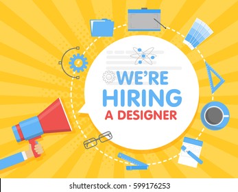 We hire a designer. Megaphone concept vector illustration. Banner template, ads, search for employees, hiring graphic artist for work.