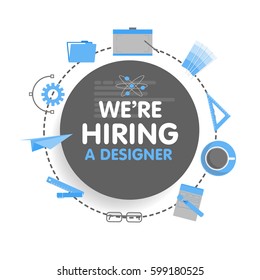 We hire a designer. Megaphone concept vector illustration. Banner template, ads, search for employees, hiring graphic artist for work.