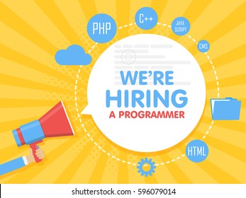 We Hire A Programmer. Megaphone Concept Vector Illustration. Banner Template, Ads, Search For Employees, Hiring Developer Or Coder For Work.