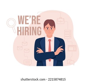 We are hiring 2D vector isolated illustration. HR recruiter flat character on cartoon background. Employer colourful editable scene with text for mobile, website, presentation. Bebas Neue font used