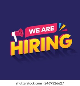 We are Hiring 3d text logo with a megaphone icon. Job recruitment banner, poster. We're Hiring Modern bold typography template design. Company hiring a person. Vacancy announcement vector text effect