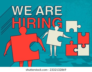 We are Hiring advertising banner - staff recruitment. Worker candidates in puzzle shapes with long shadows