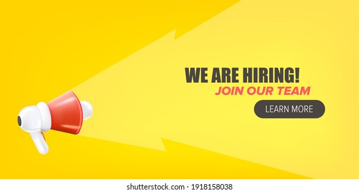 We are hiring advertising horizontal banner with a megaphone on yellow background. Banner with a megaphone for promoting your announcement