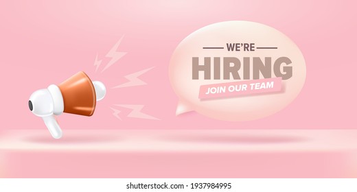 We are hiring an advertising horizontal banner with a megaphone on pastel pink background. Banner with a megaphone for promoting your announcement