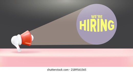 We are hiring an advertising horizontal banner with a megaphone on pastel pink and grey background. Banner with a megaphone for promoting your announcement
