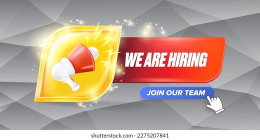 We are hiring advertising horizontal banner with a megaphone on grey background. Banner with a megaphone for promoting your announcement and Hiring recruitment open vacancy design template.