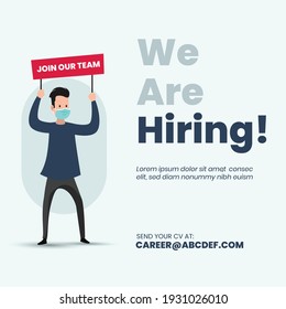 we are hiring announcement banner with cyan background, facebook cover, instagram post. A man wearing mask holding with join our team board. vacancy available announcement. Business recruiting concept