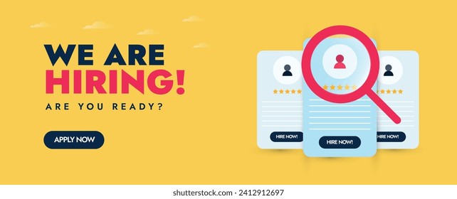 We are hiring. We are hiring announcement banner with magnifying glass zooming in different CVs. Hiring post concept banner in yellow colour. Recruitment agency, company banner template. Job hiring.