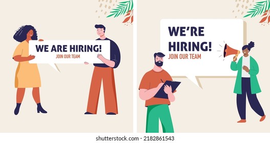 We are hiring announcement template. People holding speech bubbles, flat style modern illustrations