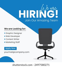 We are hiring announcement vector creative design and social media post template, job post blue banner.