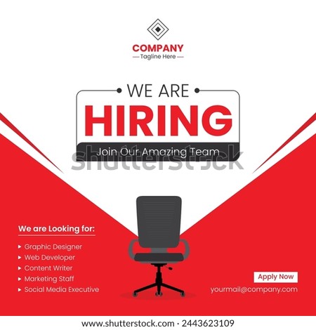 We are hiring announcement vector creative design and social media post template. Red and White mix background