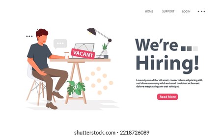 We are hiring announcement web page with vacancy sign on empty office chair. Business recruiting design concept. Vector illustration