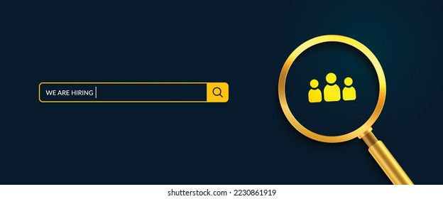 Wir stellen Hintergründe mit einer realistischen goldenen Lupe, Stellenangebote, Rekrutierung von Unternehmen in unserem Team Ankündigung