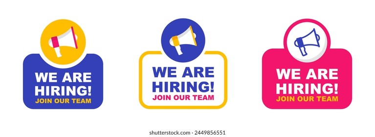 We are hiring badge. Recruitment advertising banner. Announcement job open vacancy. Banner for business, marketing and advertising. Vector illustration.