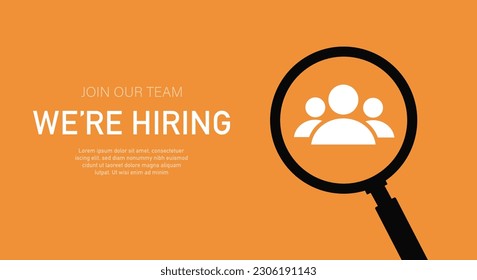 We hiring banner. Avatars of people in magnifying glass. Advertising poster or banner. Employment, recruitment and headhunting. Company looking for talents. Cartoon flat vector illustration