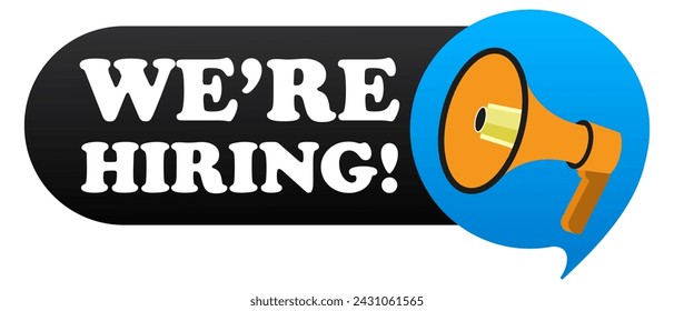 We Are Hiring banner. Business, advertising, announcement, promotion, logo design. Loudspeaker, voice amplifier, marketing, employment, recruiting, job, vacancy, work, staff. Vector illustration