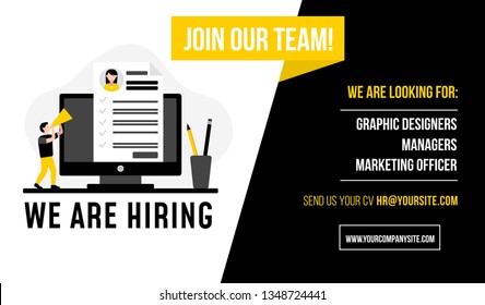 We are hiring banner concept in trendy colors. Recruitment poster design. Open vacancy design template.Vector illustration