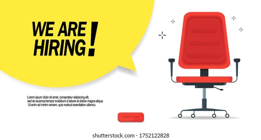 We are hiring, banner concept, vacant position. Empty office chair as a sign of free vacancy isolated on a white background. Send us your resume. Vector illustration.