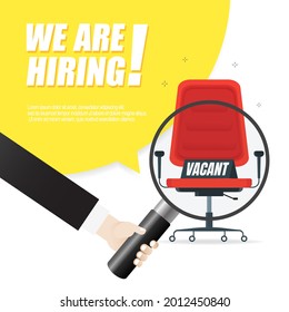 We are hiring, banner concept, vacant position. Empty office chair as a sign of free vacancy isolated on a white background. Send us your resume. Vector illustration
