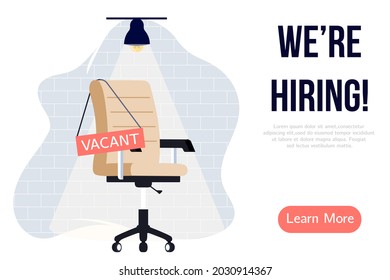 We are hiring banner design. Job vacancy vector poster. Empty office chair and vacant sign on it. Business recruiting creative concept.