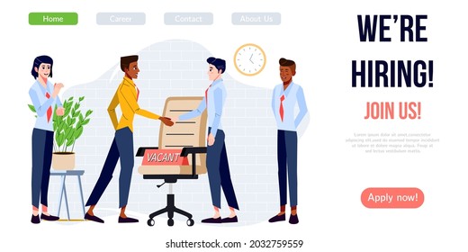 We are hiring banner design. Job vacancy vector poster. People shake hands. Boss hires new employee. Diverse team welcomes new staff member. Business recruiting creative concept.