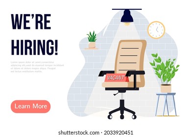 We are hiring banner design. Job vacancy vector poster. Empty office chair and vacant sign on it. Business recruiting creative concept.