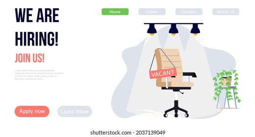 We are hiring banner design. Job vacancy vector poster. Empty office chair and vacant sign on it. Business recruiting creative concept.