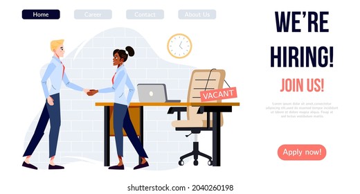 We are hiring banner design. Job vacancy vector poster. People shake hands. Boss hires new employee. Diverse team welcomes new staff member. Business recruiting creative concept.